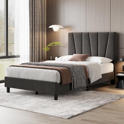 Modern Upholstered Platform Bed Frame, Twin/Full/Queen/King with Adjustable Headboard and Wooden Slats, No Box Spring Needed