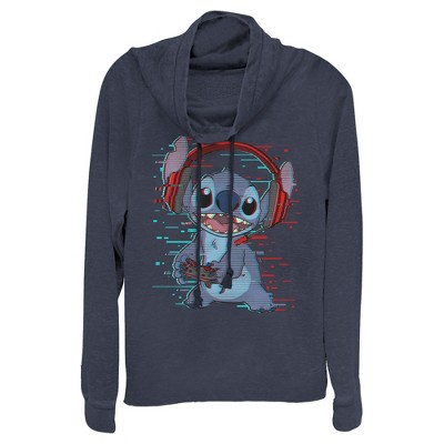 Junior's Women Lilo & Stitch Red and Blue Gamer Cowl Neck Sweatshirt