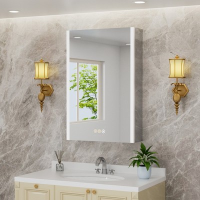 Rail Medicine Cabinet with Mirrors and Lights, Recessed/Wall Mounted LED Bathroom Cabinet, 3 Light Mode, Dimmable, Defogger, Aluminum, Silver