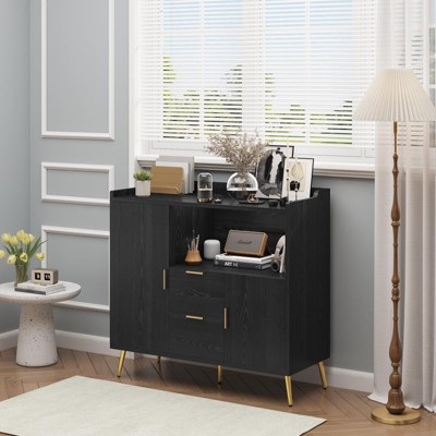 Set of 2 Wood Storage Cabinet, Modern Black Sideboard Buffet Cabinet with 2 Drawers & 2 Doors, for Living Room, Hallway, Entryway, Apartments