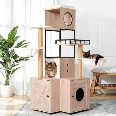 Whisen Cat Tree & Cat Bed with Litter Box Enclosure, Scratching Post, Cat Teaser Ball, Anti-Slip Mat - White+Gray
