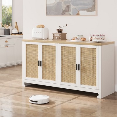 Buffet Cabinet,Rattan Accent Storage Cabinet with 4 Doors and Shelf, Sideboard Buffet Cabinet with Storage, Modern Console Coffee Bar Cabinet