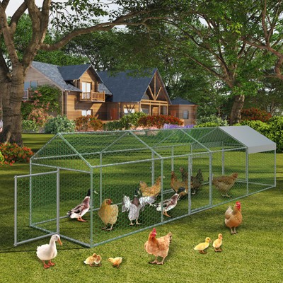 Large Metal Chicken Coop with Run, Poultry Pen with Security Lock & Anti-UV Cover，Walk in Chicken Runs for Outdoor Backyard