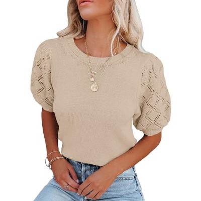 Womens Short Sleeve Lightweight Sweaters Crewneck Knit Pullover Tops with Crochet Sleeve Casual Crochet Blouse Shirt for Spring, Summer