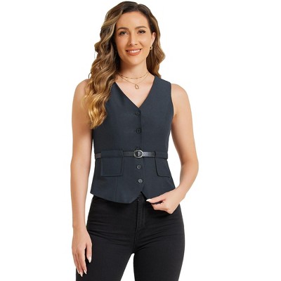 Allegra K Women's V-Neck Sleeveless Irregular Hem Belted Button Front Vest