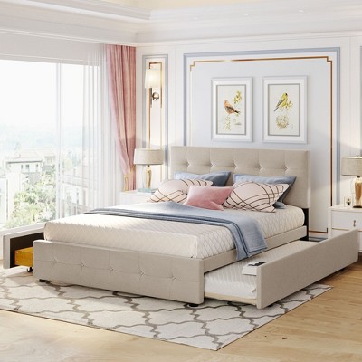 TIRAMISUBEST Upholstered Platform Bed with 2 Drawers and 1 Twin XL Trundle, Queen Size Linen Fabric Bed Frame with Button Tufted Headboard