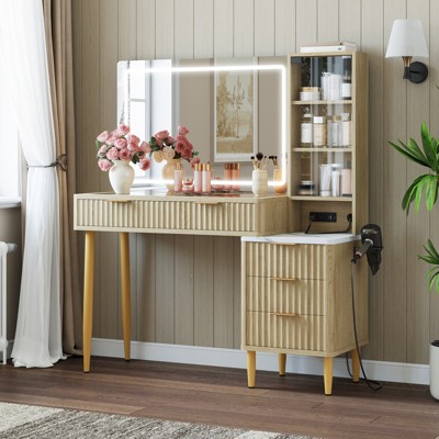 Makeup Vanity Desk with Lights, Fluted Wooden Dressing Table with 5 Drawers and Adjustable Shelves, Makeup Vanity Table Modern Glass Top for Bedroom