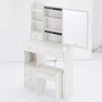 CAVINAS Desk with Drawers, Large Right Sliding Mirror Dressing Table Large Storage Corner Makeup Vanity