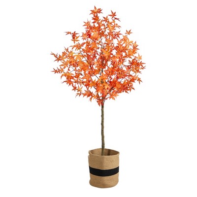 Nearly Natural 6-ft Artificial Autumn Maple Tree with Handmade Jute & Cotton Basket