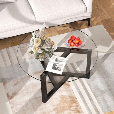 NicBex Modern Round Clear Glass Coffee Table,Tempered Glass Top & Sturdy Wood Base,Center Table for Living Room