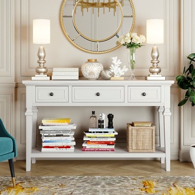 GDFStudio Jessie 50” Solid Pine Wood Console Table with Drawers and Open Bottom Shelf