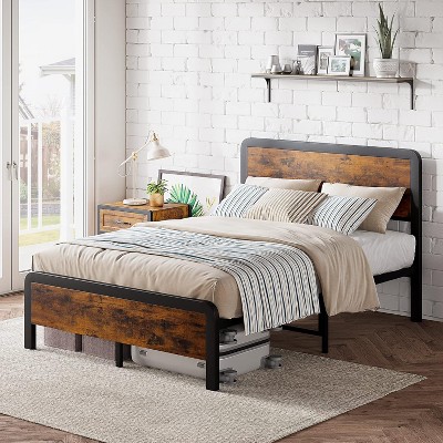 Industrial Wood & Metal Platform Bed Frame, Rustic Brown, 1000lb Capacity, Underbed Storage