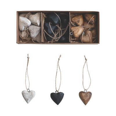 Storied Home 24-Piece Mango Wood Heart Ornaments with Jute Hangers, Natural, Black and Whitewashed