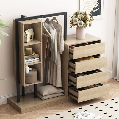 KTMBDW Wardrobe Closet, Portable Clothing Rack for Hanging Clothes, Free Standing Closet Organizers with 4 Large Drawers and 3 Shelves for Bedroom