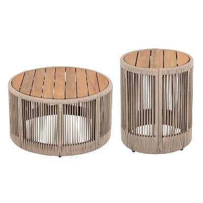 Dexmalle Rustic Industrial Table Set,Coffee Table & Side Table with Woven Rope Design