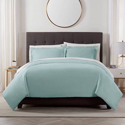 3pc Full/Queen CVC 500 Thread Count Solid Duvet & Sham Set Pale Green - Serta: Hypoallergenic, Button Closure