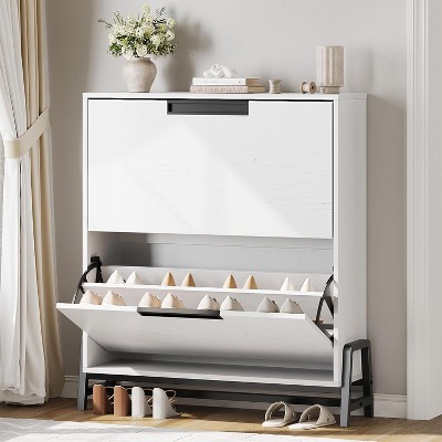 Shoe Storage Cabinet with 2 Flip Drawers, Freestanding Shoe Organizer with Metal Legs, Adjustable Shelf Narrow Shoe Rack Cabinet