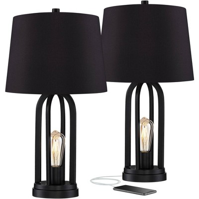 360 Lighting Marcel Industrial Table Lamps 24 1/4" High Set of 2 with USB Charging Port and Nightlight LED Black Drum Shade for Bedroom Bedside Desk