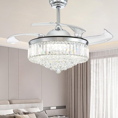 Ludomide 48" Modern Dimmable Crystal Fandelier, Retractable Blades Ceiling Fan with Light and Remote for Bedroom, Polished Chrome