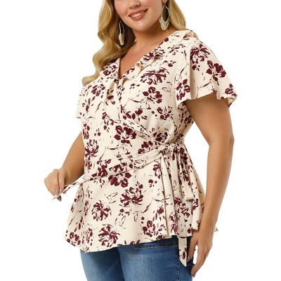 Agnes Orinda Women's Plus Size Ruffle Neck Floral Wrap Tie Waist Blouse
