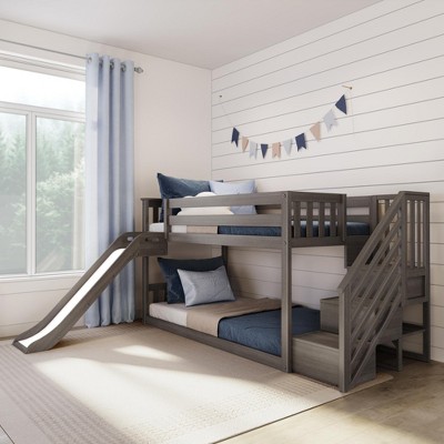 Max & Lily Twin Over Twin Low Bunk Bed with Slide and Stairs, Solid Wood Kids Platform Bed with 14” Guardrails