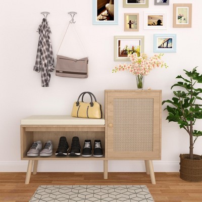 GDFStudio Tracey 2-in-1 Shoe Storage Bench with Faux Rattan Doors and Cushioned Seat