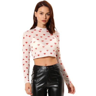 Allegra K Women's Semi-Sheer Party Heart Mesh Crop Top