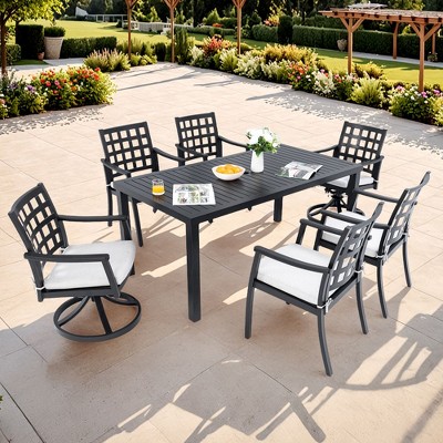 CAVINAS Kitchen Table Chairs Set of 7 Aluminum Front Porch Furniture Outdoor Dining Table with 6 Chairs for Terrace, Garden, Ember Black
