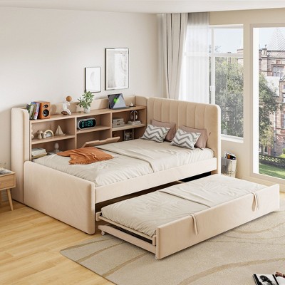 Merax Modern Twin Size Upholstered Daybed with Trundle, Storage Space, USB Ports & Power Outlet