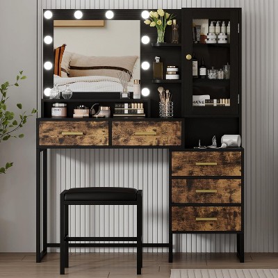 Bedroom Dressing Table with Mirror and Lamp, 3 Colours, Wooden Dressing Table with Charging Stand, 5 Drawers and Open Storage Shelf, Black