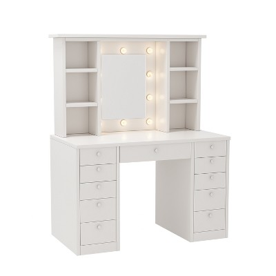 Gulches White Vanity Desk with Adjustable Mirror and 11 Drawers