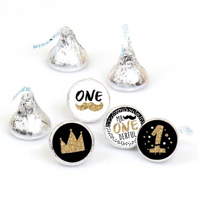 Big Dot of Happiness 1st Birthday Little Mr. Onederful - Boy First Birthday Round Candy Sticker Favors - Labels Fits Chocolate Candy (1 sheet of 108)