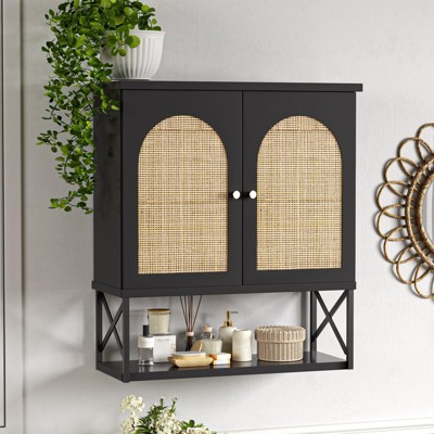 Boho Wall Mounted Storage Cabinet with Double Doors & Adjustable Shelves