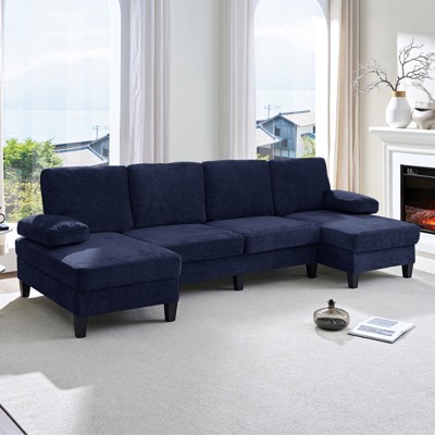 Mjkone 110"U-Shaped Sectional Couches,Chenille Upholstered Large 4-Seater Sofa with Double Chaises and Sleepable Armrests