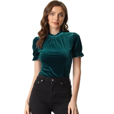 INSPIRE CHIC Women's Short Sleeve Velvet Keyhole Back Ruffle Mock Neck Shirt