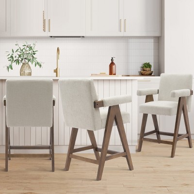 Set Of 3 25.5" Height Upholstered Seat and Back Counter Stools With Upside Down "V" shape design Solid Wood Legs-Maison Boucle