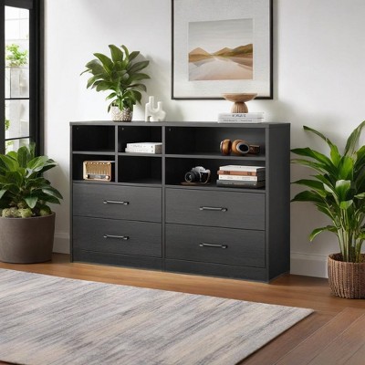 4 Drawer Dresser for Bedroom with 6 Storage Cubbies Adjustable Shelves, Modern Chest of Drawers, 47" TV Stand Dresser Drawer
