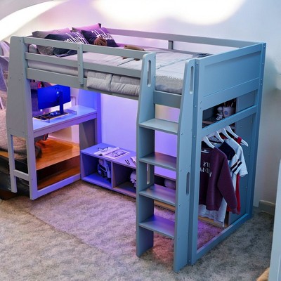 Mshliw Wood Twin Size Gaming Loft Bed with Desk, LED Lighting, Multi-Storage Cabinets, Hanging Clothes Rack, and Guardrails