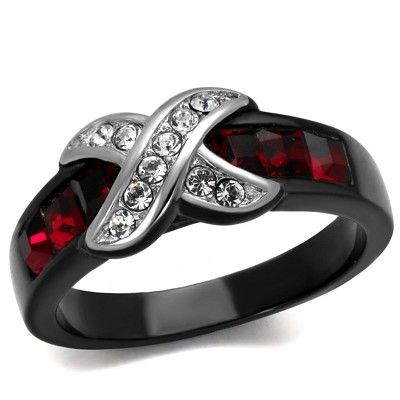 Slickblue Women's Stainless Steel Ring, 3mm Siam Red Synthetic Crystal, IP Gold or Two-Tone Black Finish, Size 5-10