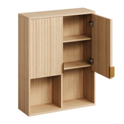 Fluted Bathroom Wall Cabinet, 29"H Over Toilet Storage with Adjustable Shelf, Modern Wooden Medicine Cabinet, Natural Finish