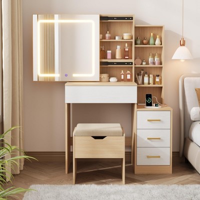 Modern Makeup Vanity with Sliding Mirror, 4 Drawers, 7 Shelves, 3 Light Colors, Charging Port & Stool for Bedroom