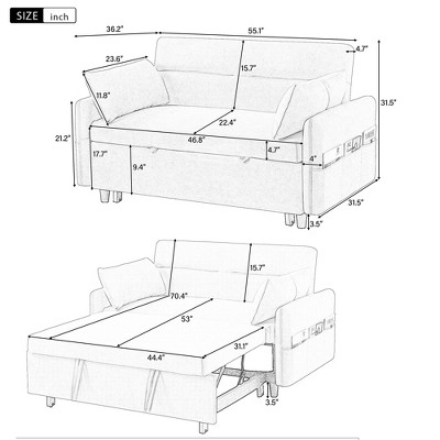 LOVMOR 55.1" Pull Out Sleep Sofa Bed Loveseats Sofa Couch with Adjsutable Backrest, Storage Pockets, 2 Soft Pillows, USB Ports