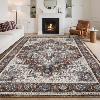 Machine Washable Area Rugs for Living Room Boho Vintage Soft Non-Slip Low Pile Distressed Carpet