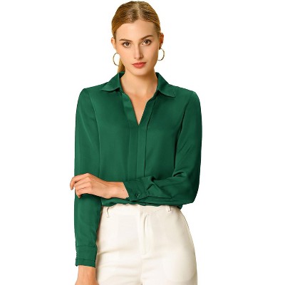 INSPIRE CHIC Women's Elegant V Neck Long Sleeve Office Work Satin Shirt