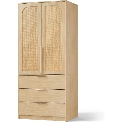 69.5" Armoire Wardrobe Closet Rattan Door, Wooden Wardrobe Cabinet with 3 Drawers, Hanging Rod, 2 Doors Clothing Storage Cabinet for Bedroom