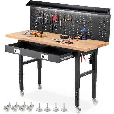 GOTGELIF 2000Lbs 60" Adjustable Height Rolling Workbench with LED Light, Pegboard, Drawers