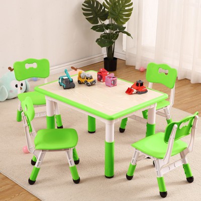 Kids Table and Chairs Set, Toddler Height Adjustable Desk with Graffiti Desktop, 4 Seats