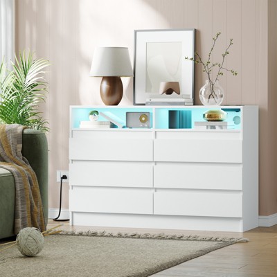 COZONY Modern 6-Drawer Dresser with Ambient Lighting, Storage Chest with Power Access, Floating Design Bedroom Dresser