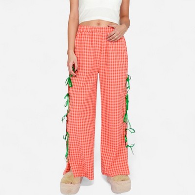Anna-Kaci Lounge Women's Gingham Wide Leg Pants with Elastic Waistband Contrast Side Ribbon Tie Details