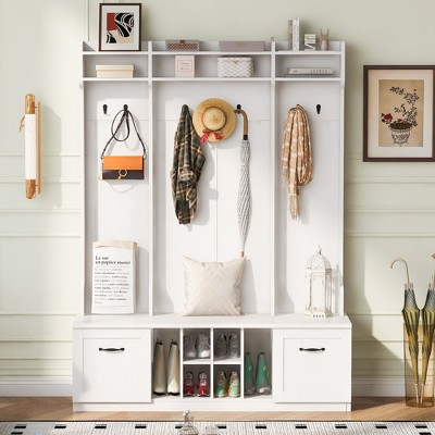 CAVINAS Hall Tree with 7 Hooks Modern Coat Rack with Open Shelves, Storage Bench and Shoe Rack for Entryway